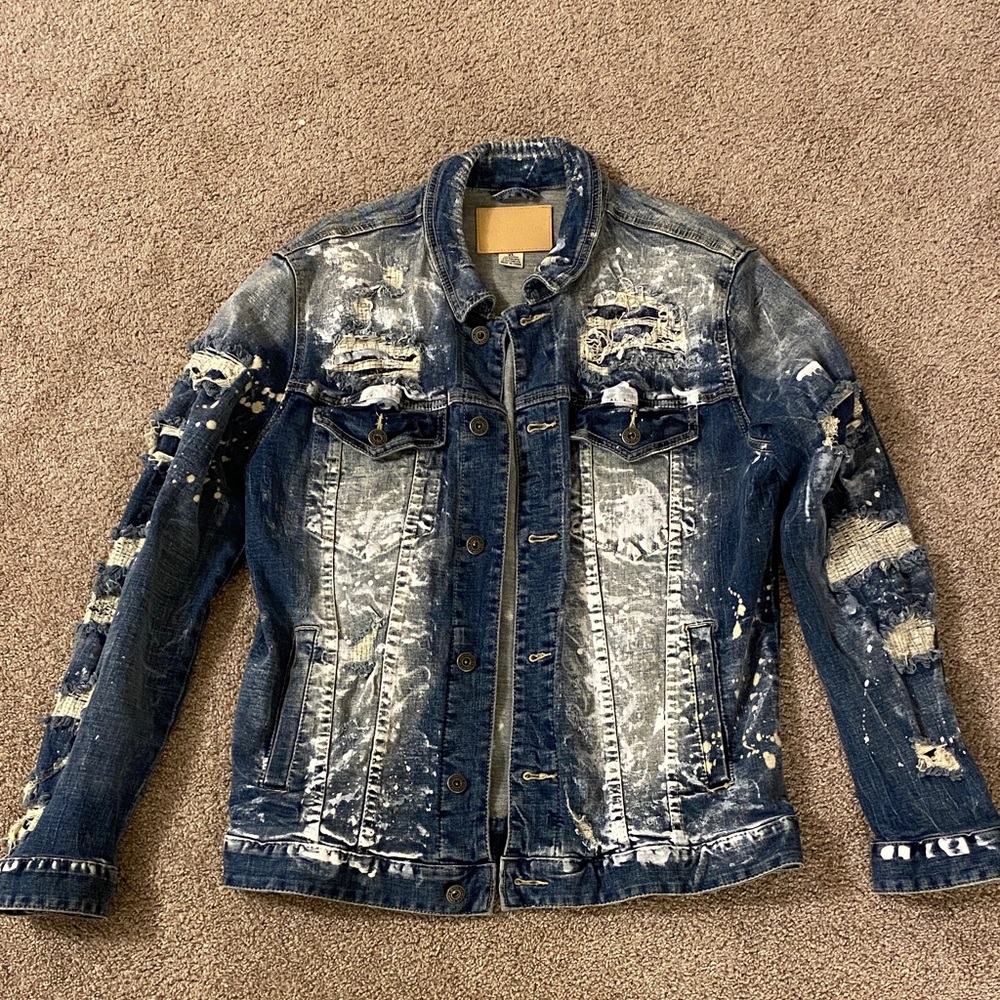 Men's Distressed Blue Denim Jacket with Paint-Splatter Detail